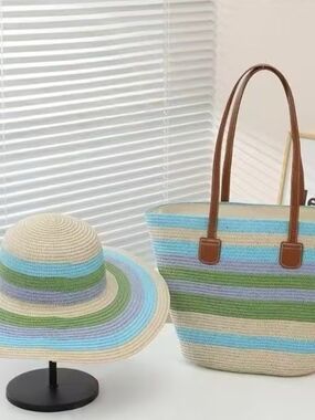 Striped Pastel Straw Tote Bag - Beige, Blue & Green